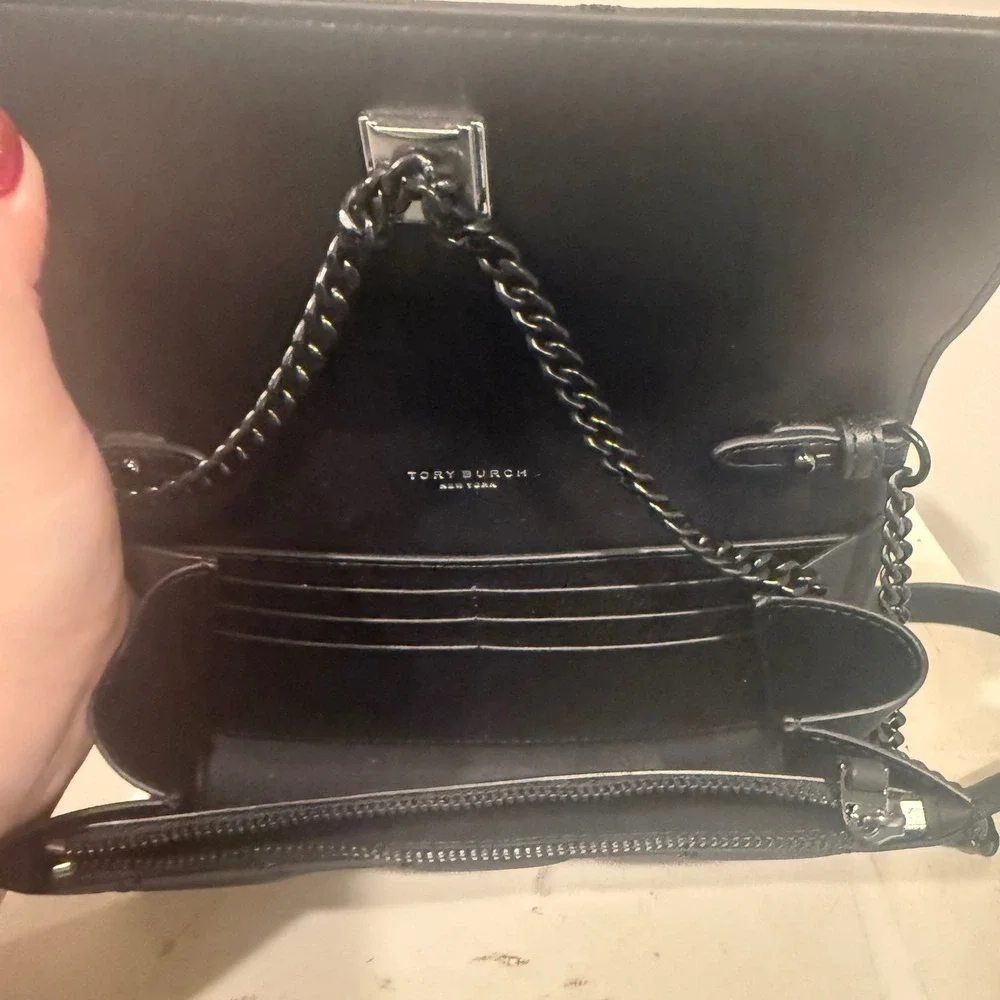 Tory Burch Fleming Wallet On Chain Women Small Black Excellent Quilted Crossbody